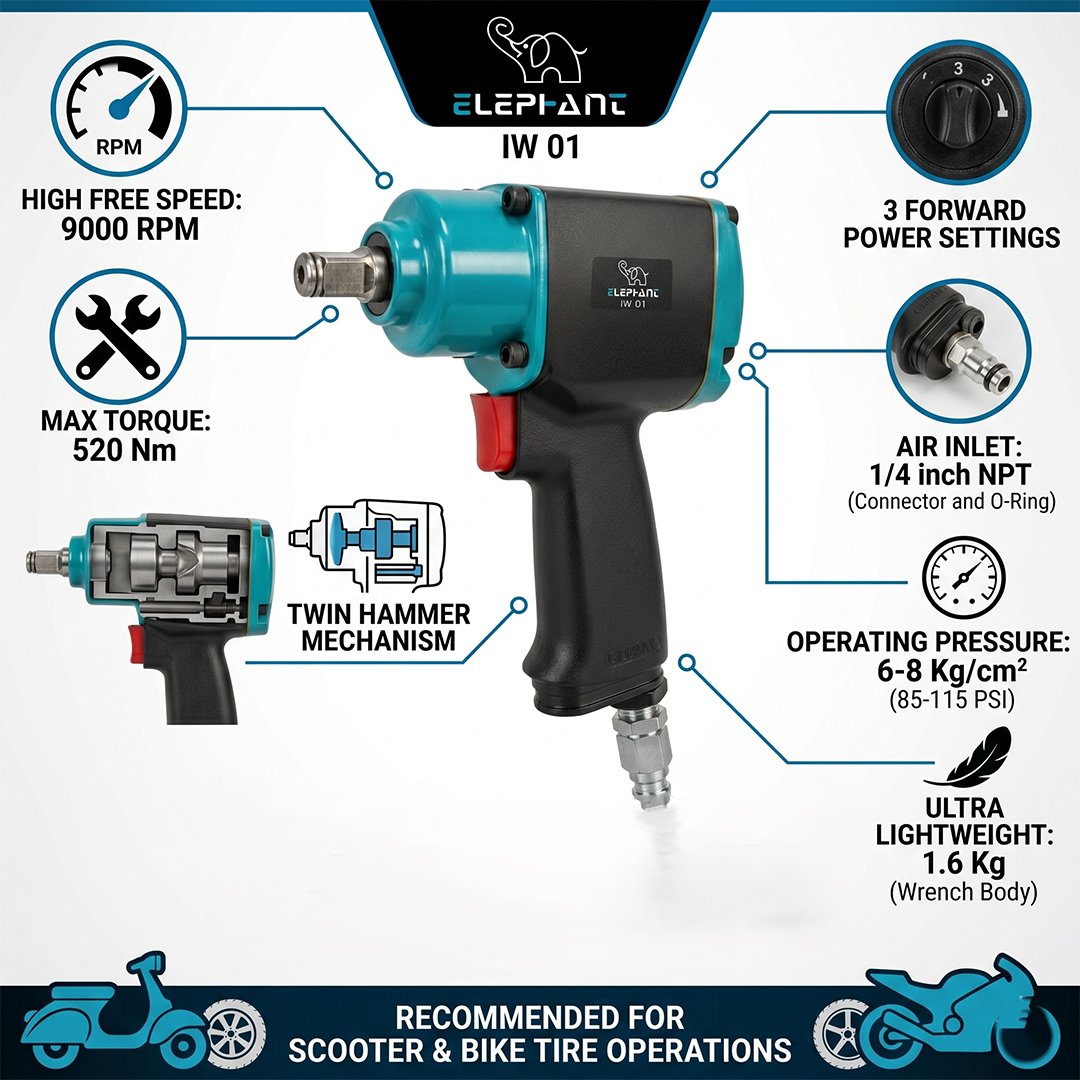 Elephant 3/8'' Impact Wrench (with 8 Socket) For two wheeler