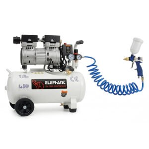 Elephant 1 HP Oil Free & Noiseless Air Compressor 30 Litre 100% Copper Winding with Paint Spray Gun PS03, PU Pipe and Fittings(AC30DC-PS03)