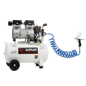 Elephant 1 HP Oil Free & Noiseless Air Compressor 30 Litre 100% Copper Winding with 60 ml Artmaster Air Brush AC60, PU Pipe and Fittings(AC30DC-AC60)