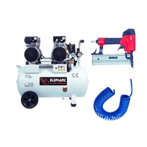 Elephant 2 HP Oil Free & Noiseless Double Head Air Compressor 50 Litre 100% Copper Winding with Brad Nailor 18 Gauge F-50, PU Pipe and Fittings.(AC50DC-F50)