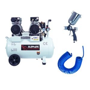 Elephant 2 HP Oil Free & Noiseless Wall Painting Double Head Air Compressor 50 Litre 100% Copper Winding with Painter Spray Gun PS-01, PU Pipe and Fittings.(AC50DC-PS01)
