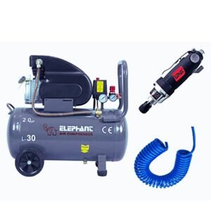 Elephant Air Compressor 30 litres 2 HP AC30C with 1/4" Air Screw Driver & PU Pipe 10 Mtr. Coil (‎AC30C-ATW5)