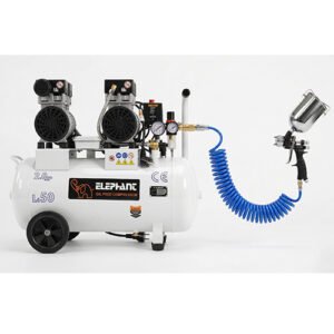 Elephant 2 HP Oil Free & Noiseless Wall Painting Double Head Air Compressor 50 Litre 100% Copper Winding with Painter Spray Gun PS-01, PU Pipe and Fittings.(AC50DC-PS01)
