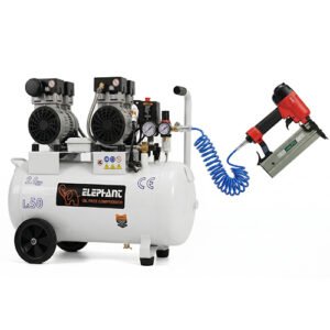Elephant 2 HP Oil Free & Noiseless Double Head Air Compressor 50 Litre 100% Copper Winding with Brad Nailor 18 Gauge F-50, PU Pipe and Fittings.(AC50DC-F50)
