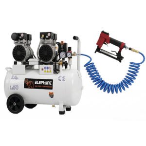 Elephant 2 HP Oil Free & Noiseless Double Head Air Compressor 50 Litre 100% Copper Winding with Stapler 21 Gauge AT-8016, PU Pipe and Fittings. (AC50DC-AT8016)