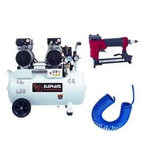 Elephant 2 HP Oil Free & Noiseless Double Head Air Compressor 50 Litre 100% Copper Winding with Stapler 21 Gauge AT-8016, PU Pipe and Fittings. (AC50DC-AT8016)