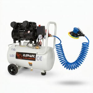 Elephant Combo of 1.5 HP Oil Free & Noiseless Air Compressor 24 Litre and 6" Air Palm Sander AT-991 LA with PU Pipe 10 Mtr. Coil & Fittings (AC24DC-AT991LA)