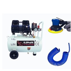 Elephant Combo of 1.5 HP Oil Free & Noiseless Air Compressor 24 Litre and 6" Air Palm Sander AT-991 LA with PU Pipe 10 Mtr. Coil & Fittings (AC24DC-AT991LA)