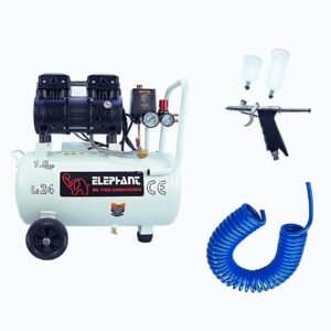 Elephant Combo of 1.5 HP Oil Free & Noiseless Air Compressor 24 Litre and Painter Air Brush AB-21 with PU Pipe 5 Mtr. Coil & Fittings (AC24DC-AB21)