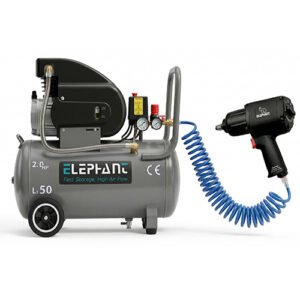 Elephant Combo of Pneumatic Impact wrench 1/2" IW 02 and 2 HPAir Compressor 50 Ltr AC-50C with PU Pipe and Fittings