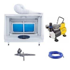 Painter Spray Gun (LABEL) Combo of Upgraded Water Curtain Airbrush Spray Paint Booth for Airbrushing with Filter LED Lights (E600) with Elephant Mini Air Compressor AS-182, Pen Gun and PU-Pipe(3mtr) Paint booth - (E600) with AS-182-AB19.
