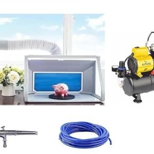 Painter Spray Gun (LABEL) Combo of Upgraded Water Curtain Airbrush Spray Paint Booth for Airbrushing with Filter LED Lights (E600) with Mini Air Compressor AS-186, Pen Gun and PU-Pipe(3mtr)
