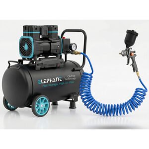 Elephant 2 HP Oil Free & Noiseless Air Compressor 50 Litre 100% Aluminium Winding with Paint Spray Gun PT-01 1.4MM, PU Pipe and Fittings(AC50DC-AL-PT01)
