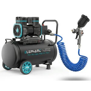 Elephant 2 HP Oil Free & Noiseless Air Compressor 50 Litre 100% Aluminium Winding with Paint Spray Gun PM-01, PU Pipe and Fittings(AC50DC-AL-PM-01)