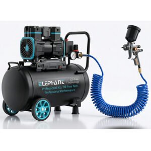 Elephant 2 HP Oil Free & Noiseless Air Compressor 50 Litre 100% Aluminium Winding with Paint Spray Gun GLOSS-2 , PU Pipe and Fittings(AC50DC-AL-GLOSS-2 )