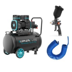 Elephant 2 HP Oil Free & Noiseless Air Compressor 50 Litre 100% Aluminium Winding with Paint Spray Gun PT-01, PU Pipe and Fittings(AC50DC-AL-PT01)