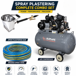 Elephant 3 HP Lubricated Air Compressor with 100% Copper Winding Motor Tank Capacity 150 Liter with Painter Spray Zinc Alloy Plaster, Cement/Putti Machine AC-150-PSM-01